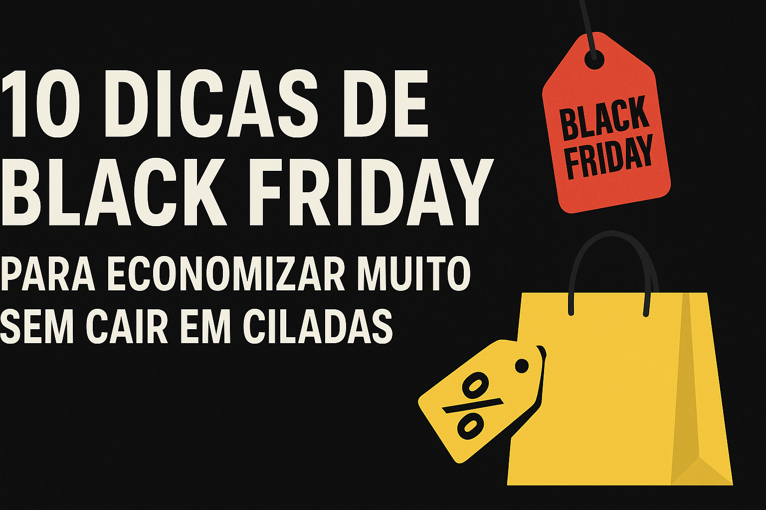 Imagem destaque de Black Friday com etiquetas de desconto e sacola de compras representando dicas para economizar sem cair em promoções enganosas.