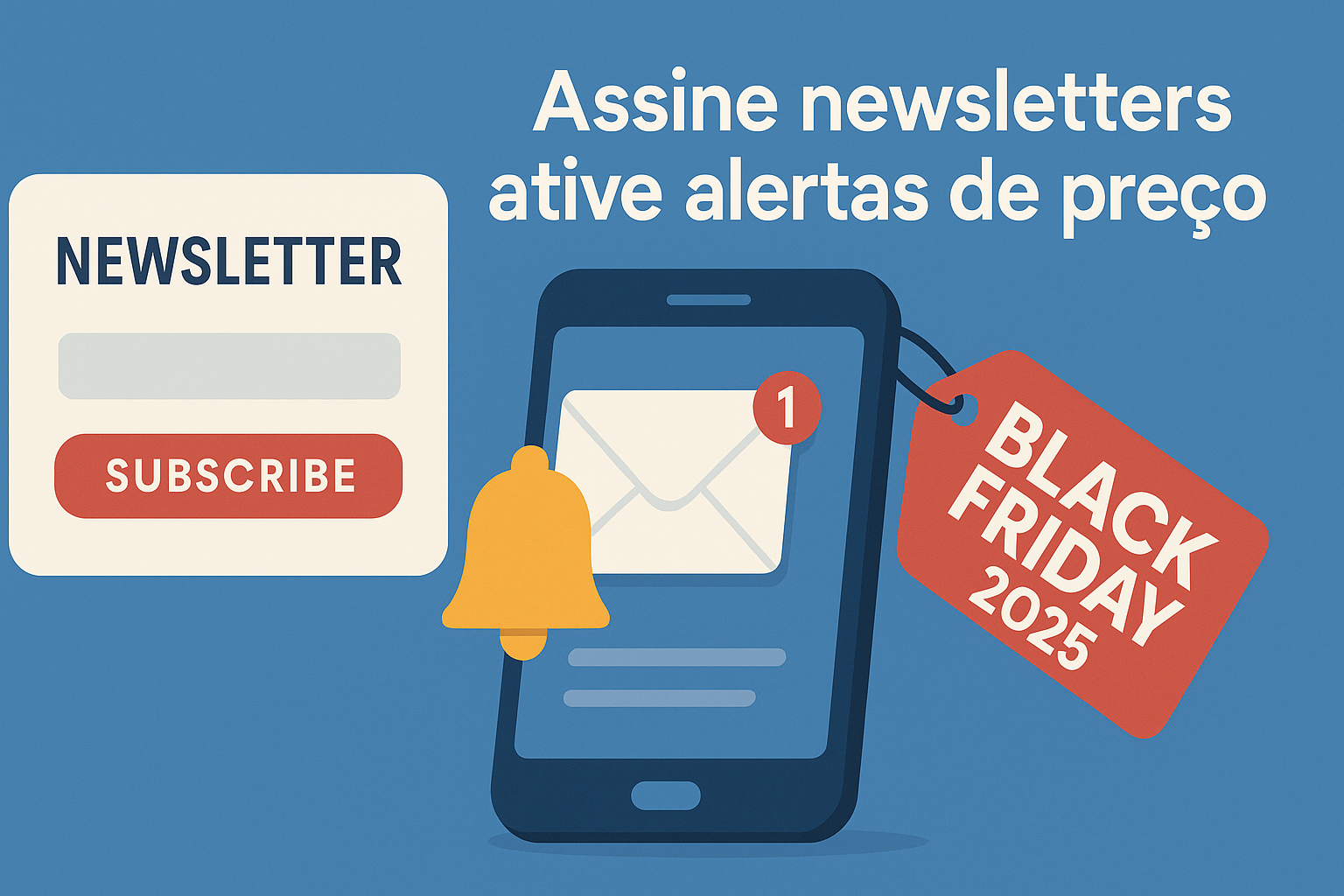 Smartphone recebendo alerta de preço e formulário de newsletter para ofertas da black friday 2025.