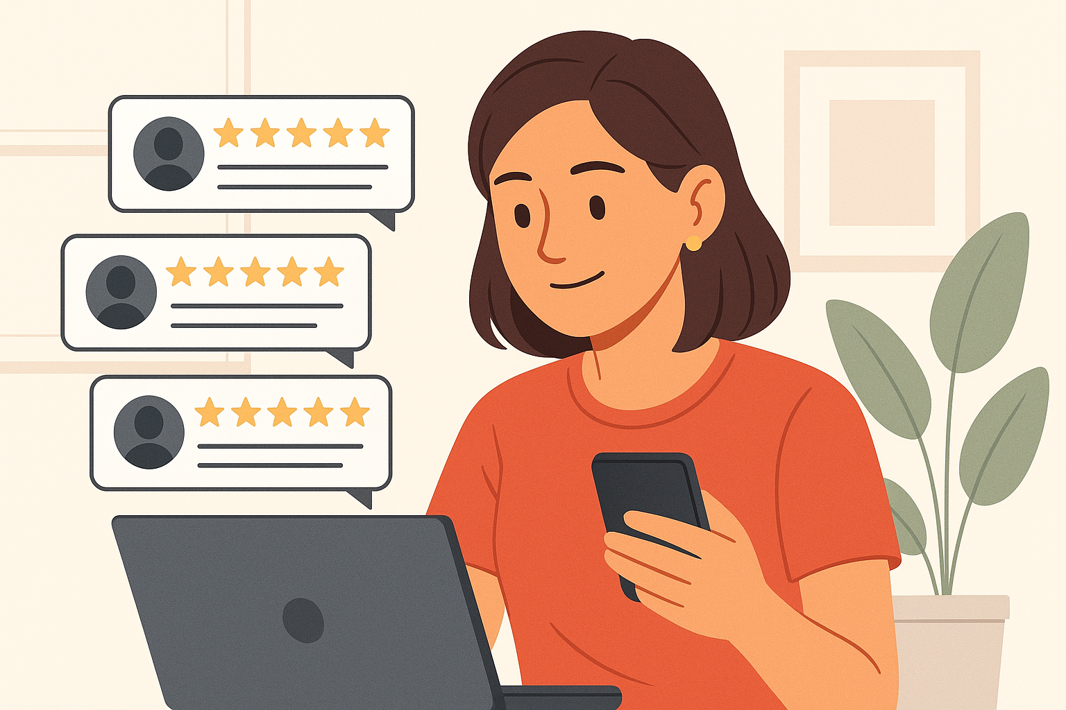 Consumidora lendo avaliações reais antes de comprar na black friday 2025 usando notebook e celular.