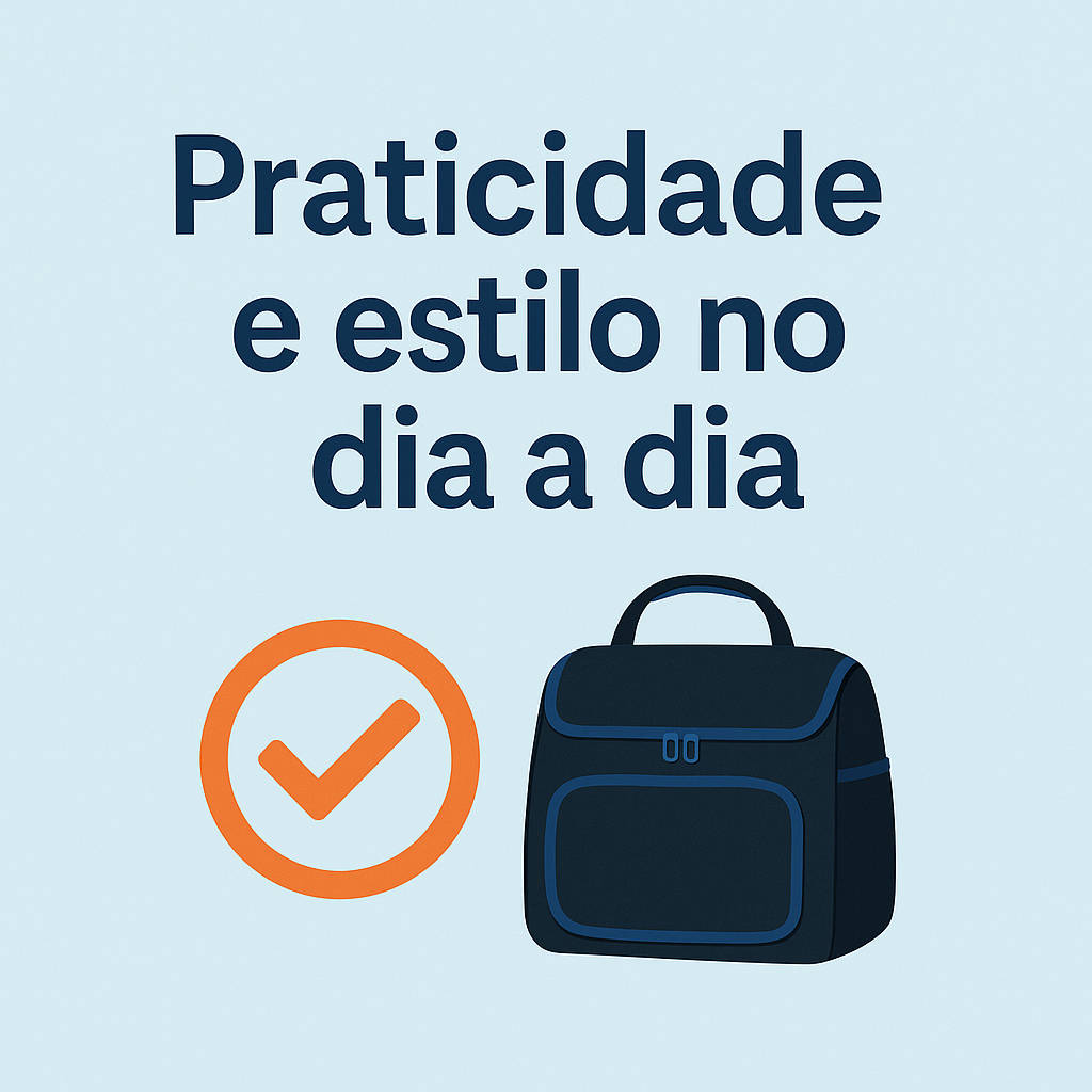 Design em fundo azul-claro com o texto “Praticidade e estilo no dia a dia”, um ícone de check laranja e ilustração de uma bolsa térmica preta moderna e elegante.