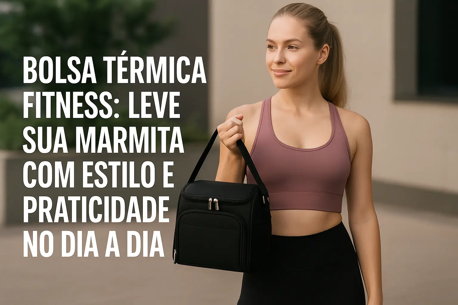 Mulher jovem com roupa fitness segura uma bolsa térmica preta ao ar livre, simbolizando praticidade e estilo para levar marmita no dia a dia.