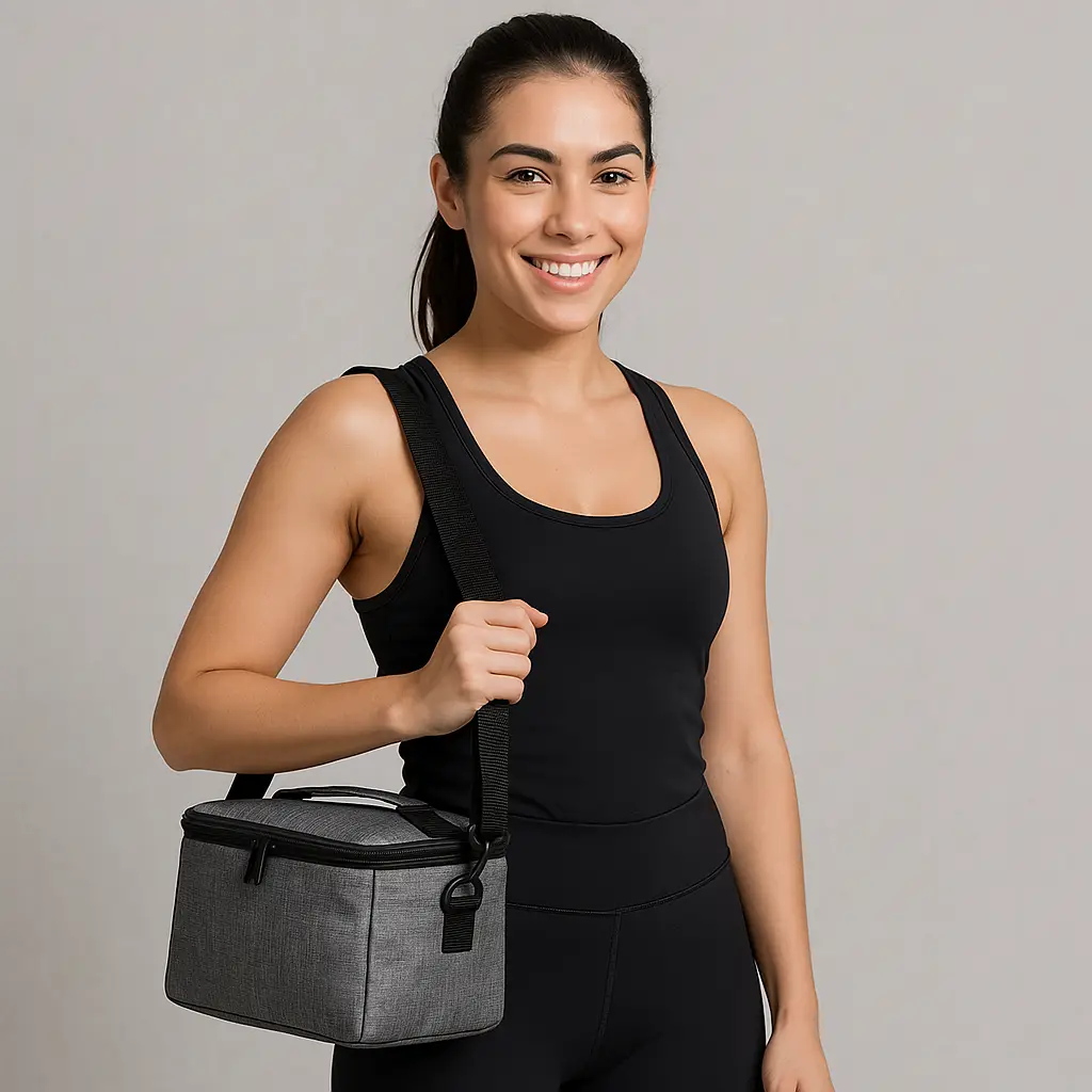 Mulher jovem com roupa fitness segura uma bolsa térmica cinza, simbolizando praticidade e estilo para levar marmita no dia a dia.
