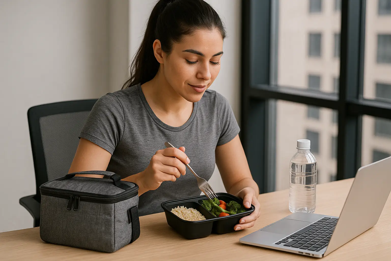 Mulher almoçando refeição saudável ao lado de sua bolsa térmica em um escritório iluminado.