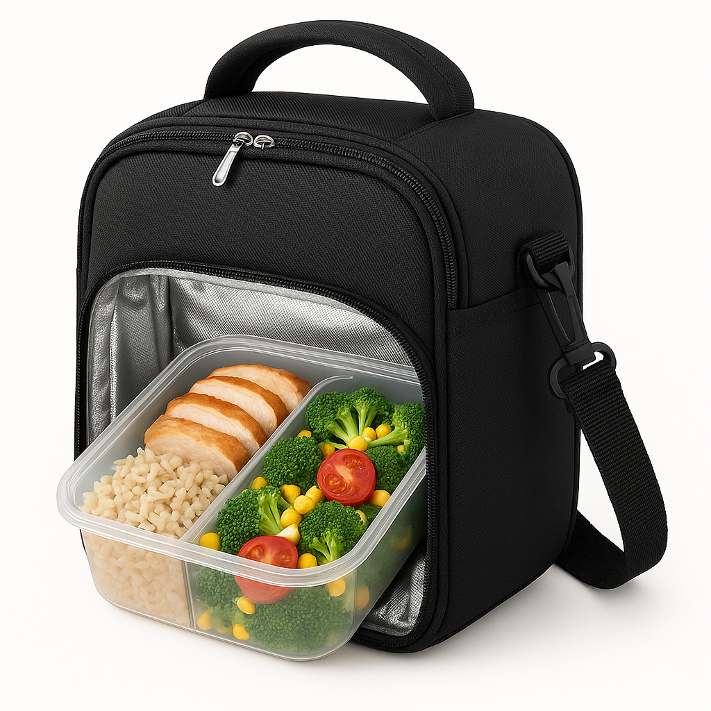 Bolsa térmica preta aberta mostrando marmita com frango, arroz integral e legumes coloridos.
