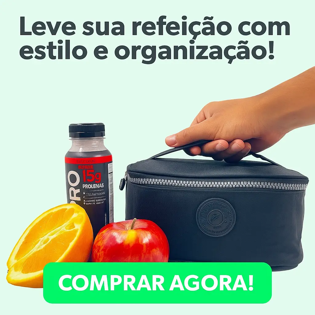 Banner promocional com bolsa térmica fitness, frutas e bebida proteica, com a chamada “Leve sua refeição com estilo e organização!”.