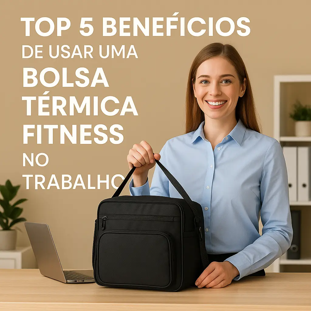 Mulher sorridente em um escritório moderno segura uma bolsa térmica preta sobre a mesa, representando praticidade e alimentação saudável no trabalho.