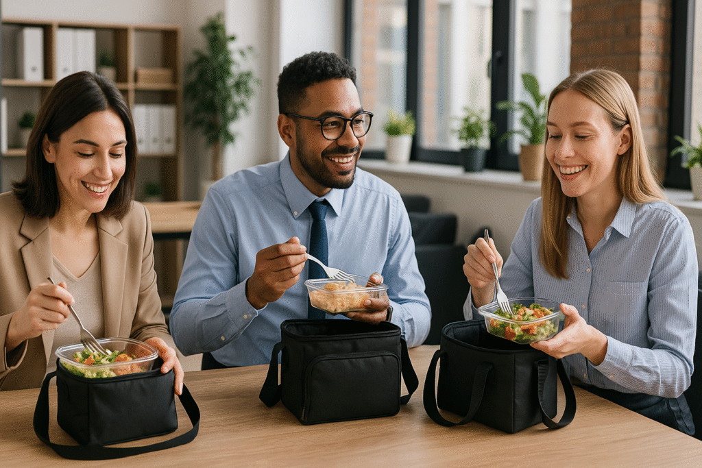 Três colegas de trabalho almoçam juntos em um escritório iluminado, cada um com sua bolsa térmica fitness preta sobre a mesa, com saladas e refeições saudáveis em potes de vidro.