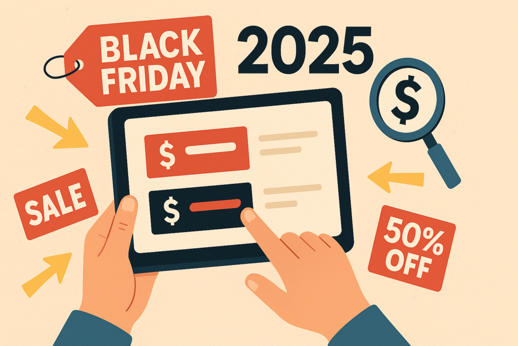 Pessoa comparando preços em um tablet durante a black friday 2025, analisando descontos e ofertas antes de comprar.