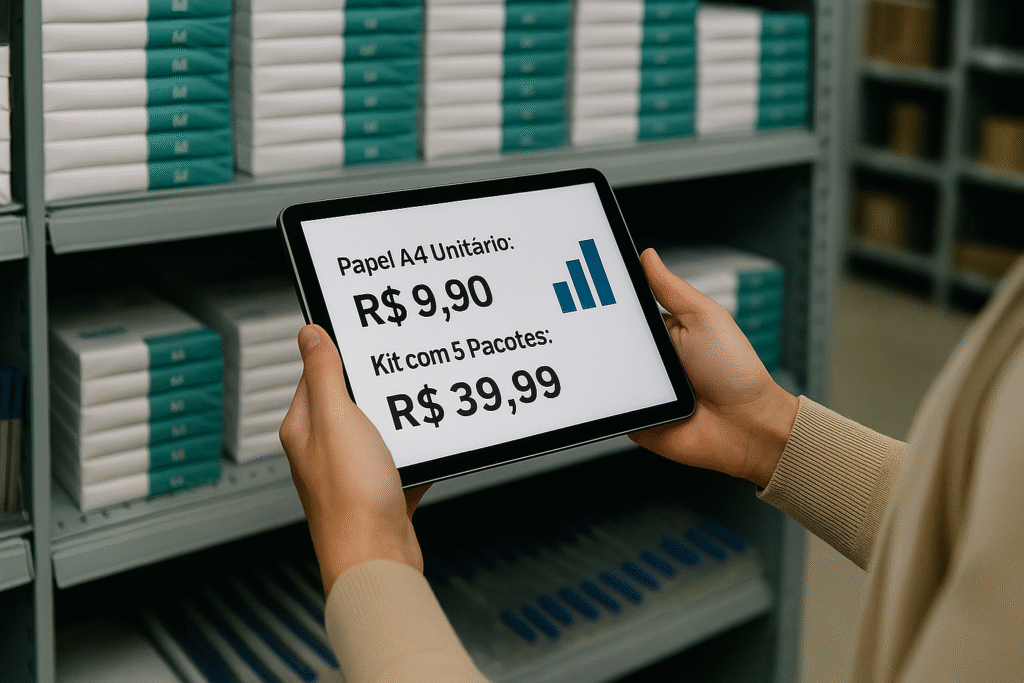 Pessoa segura um tablet exibindo comparativo de preços em português: papel A4 unitário R$ 9,90 e kit com 5 pacotes R$ 39,99, em loja com pilhas de papéis ao fundo.