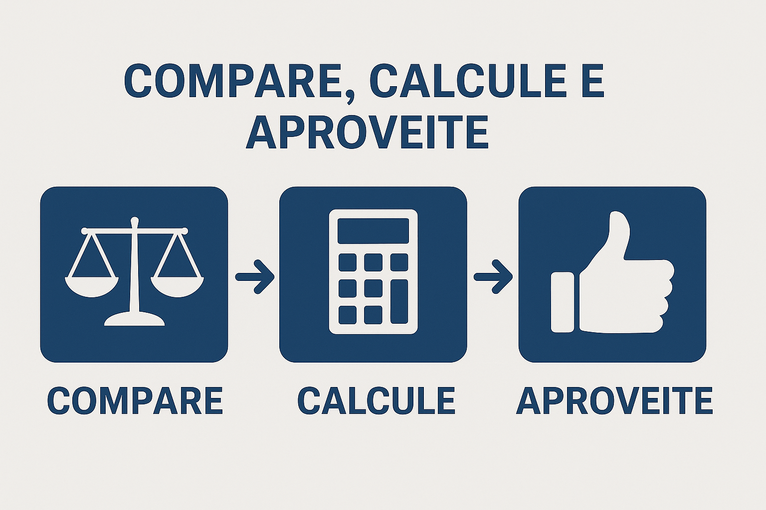 Infográfico com ícones azuis de balança, calculadora e joinha, acompanhados das palavras “COMPARE”, “CALCULE” e “APROVEITE” sobre fundo claro.