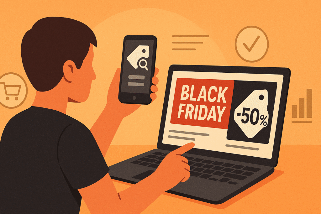 Pessoa pesquisando ofertas de Black Friday no notebook e no celular para comparar preços e evitar promoções falsas.