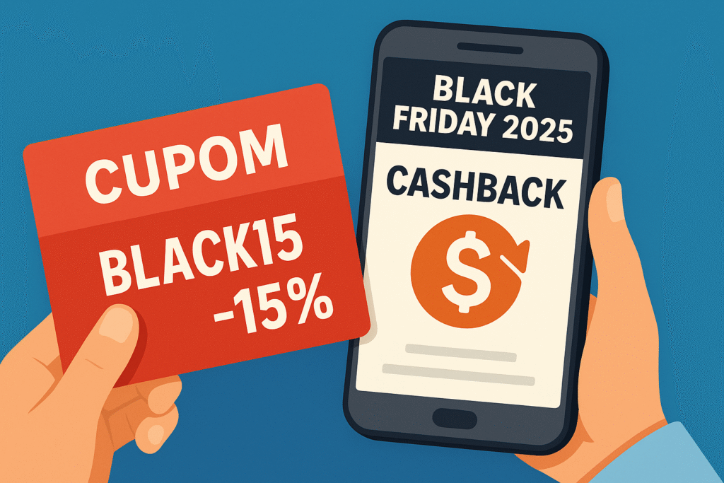 Mãos segurando um cupom BLACK15 e um smartphone exibindo cashback durante a black friday 2025.