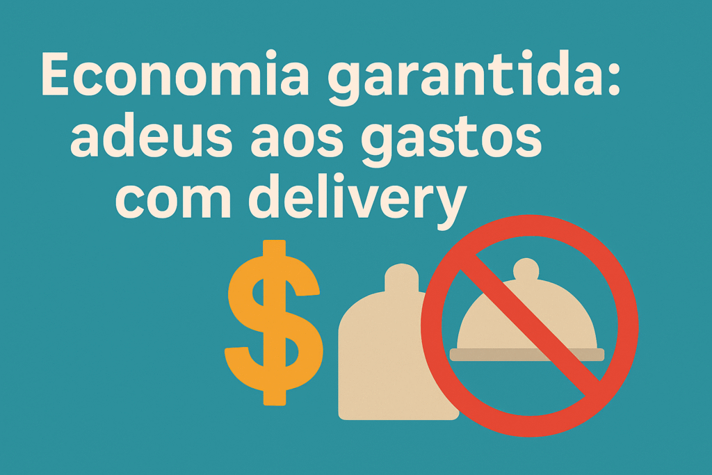 Arte com fundo azul mostrando o texto “Economia garantida: adeus aos gastos com delivery”, acompanhada de um símbolo de proibição sobre um ícone de delivery e um cifrão laranja, representando redução de custos.