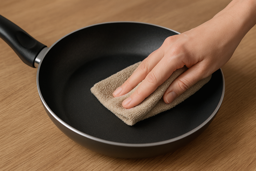 Mão limpando frigideira antiaderente Teflon com pano macio sobre bancada de madeira, mostrando brilho e resistência do revestimento.