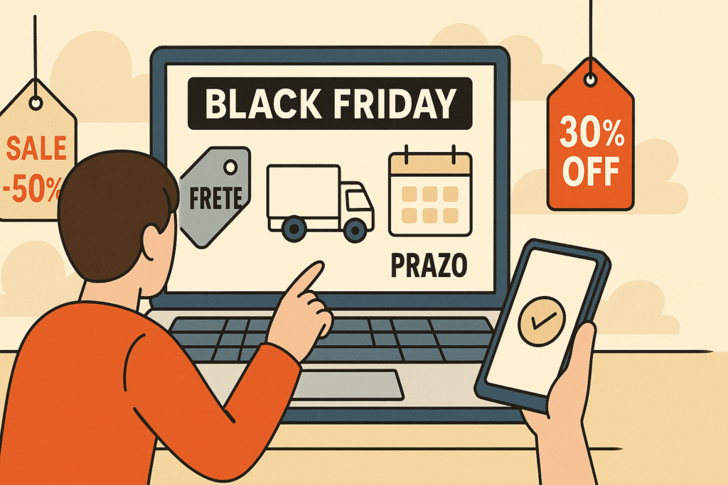 Consumidor verificando frete e prazo de entrega durante a black friday 2025 em um notebook, avaliando custos e tempo de entrega antes da compra.