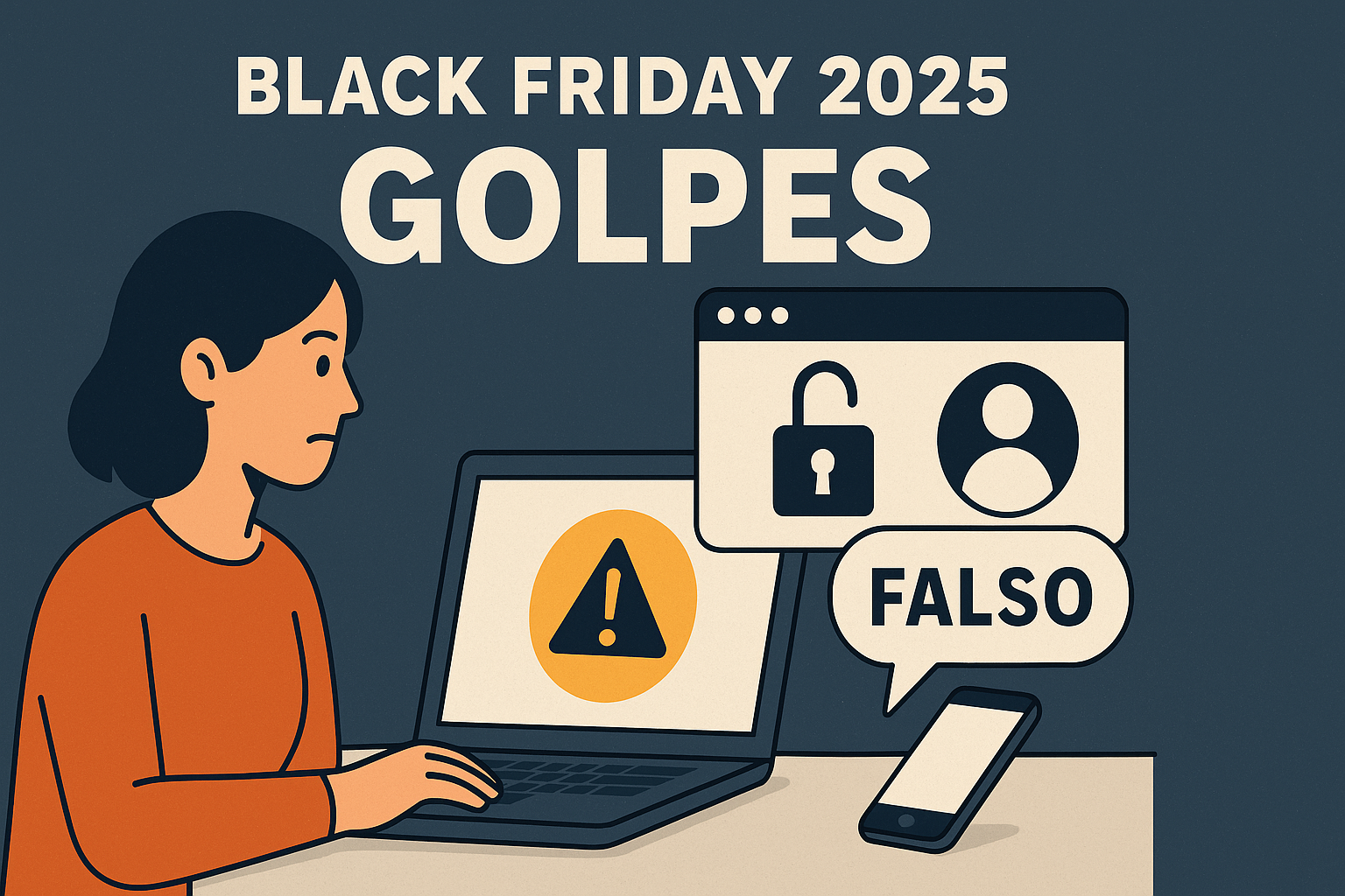 Consumidora identificando um golpe durante a black friday 2025 ao acessar um site falso no notebook.