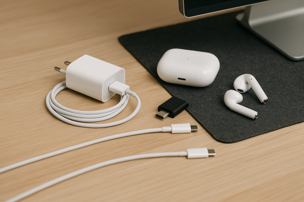 Kit de eletrônicos sobre mesa de madeira com carregador USB-C, cabos, adaptador preto e fones de ouvido Bluetooth ao lado de monitor e estojo branco.