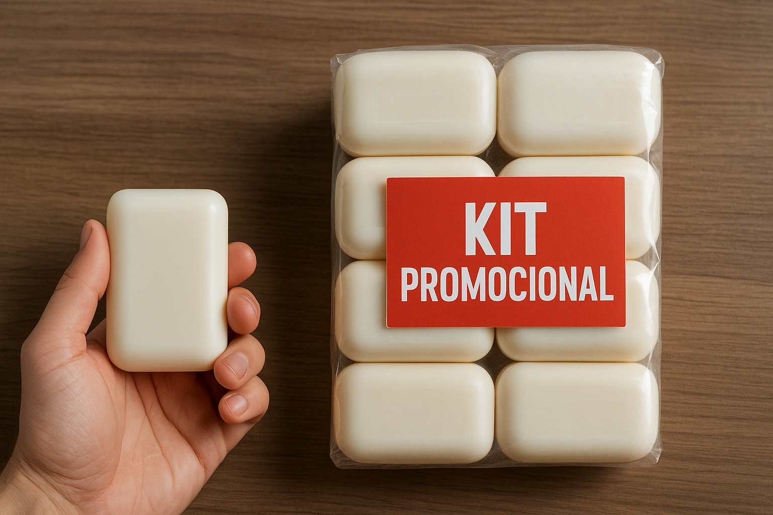 Mão segurando um sabonete ao lado de um kit promocional com seis unidades embaladas e etiqueta vermelha “KIT PROMOCIONAL” sobre mesa de madeira.