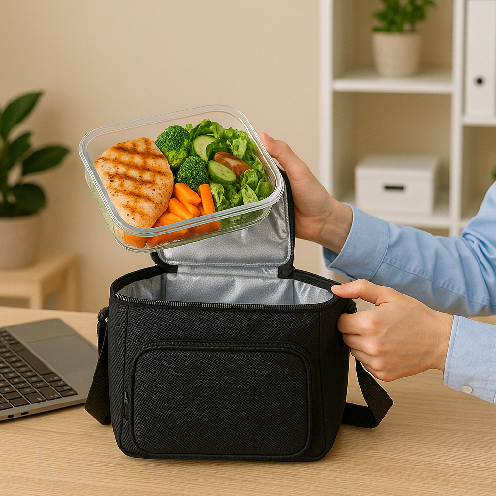 Pessoa retirando um pote de vidro com frango grelhado, cenouras e brócolis de uma bolsa térmica preta sobre a mesa de escritório.