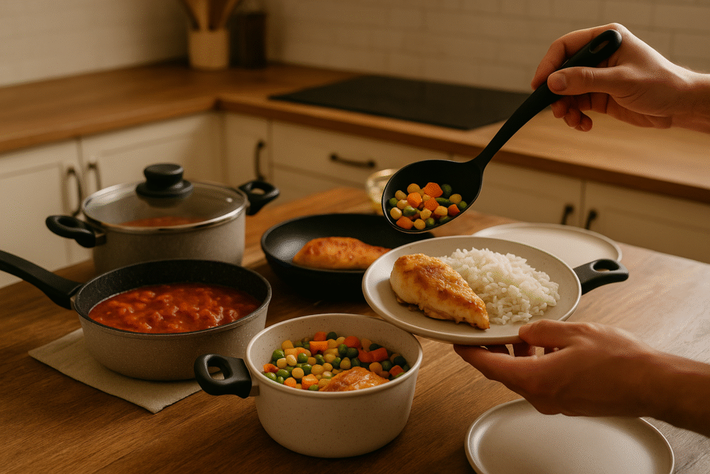 Mãos servindo arroz, frango e legumes preparados em panelas brancas antiaderentes Teflon Atenas, em cozinha iluminada com luz natural.